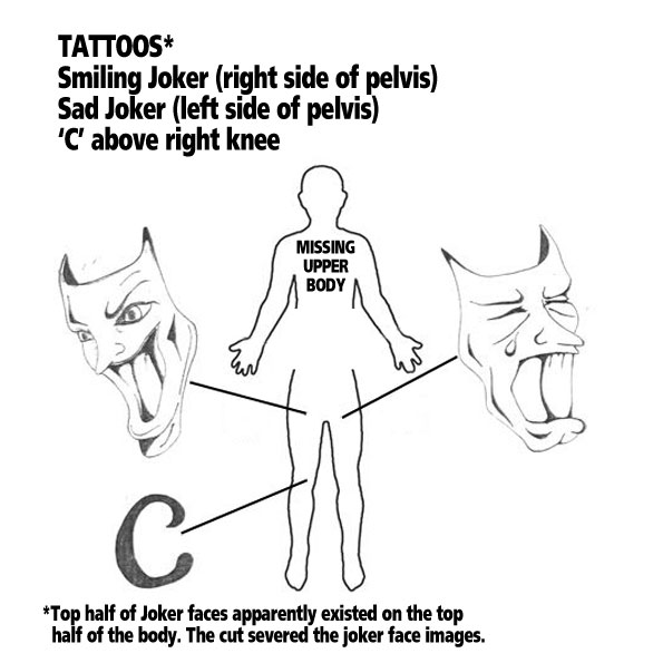  of severed lower body and show the 'Laugh Now, Cry Later' tattoo.