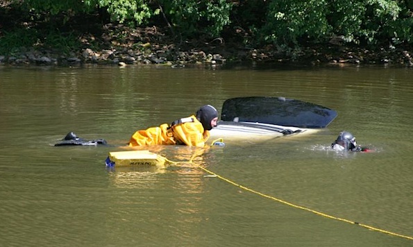 Fire Department Divers Check Car Submerged in Pond at Tree ...