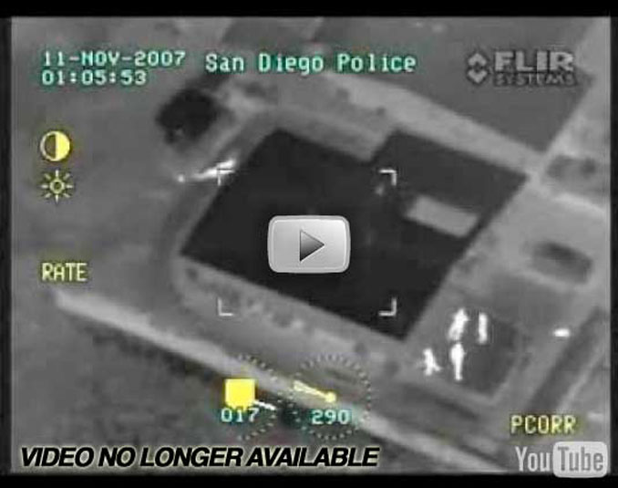 FLIR airborne law enforcement infrared imaging video during police pursuit shows suspect's suicide with a shotgun after fleeing southbound Judson St. in San Diego (Video removed by YouTube for violation of terms; however might be available on another YouTube channel).