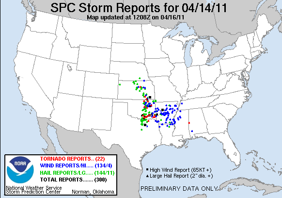 22 tornado reported for Thursday, April 14, 2011