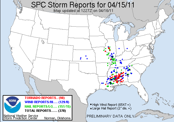 98 tornados reported on April 15, 2011