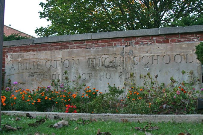 Arlington High School sign exposed on Thursday, October 10, 2013 as Christian Liberty Academy installs a new facade on the sign (CARDINAL NEWS)