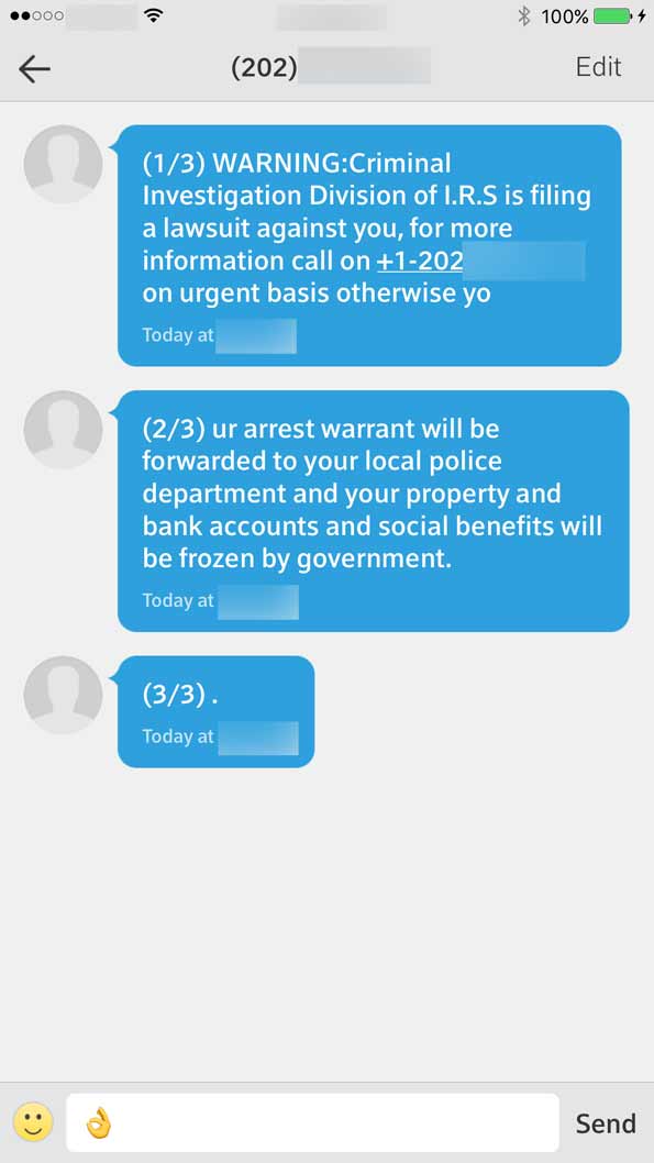 Scam IRS text message