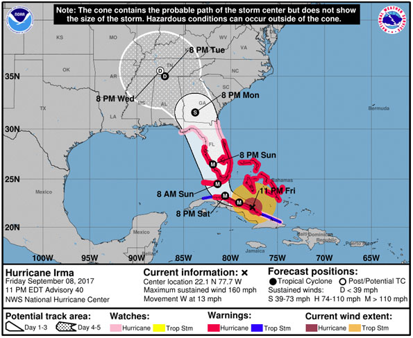 Irma Cone Map September 8 2017 at 11 PM EDT Irma Cone Map September 8 2017 at 11 PM EDT