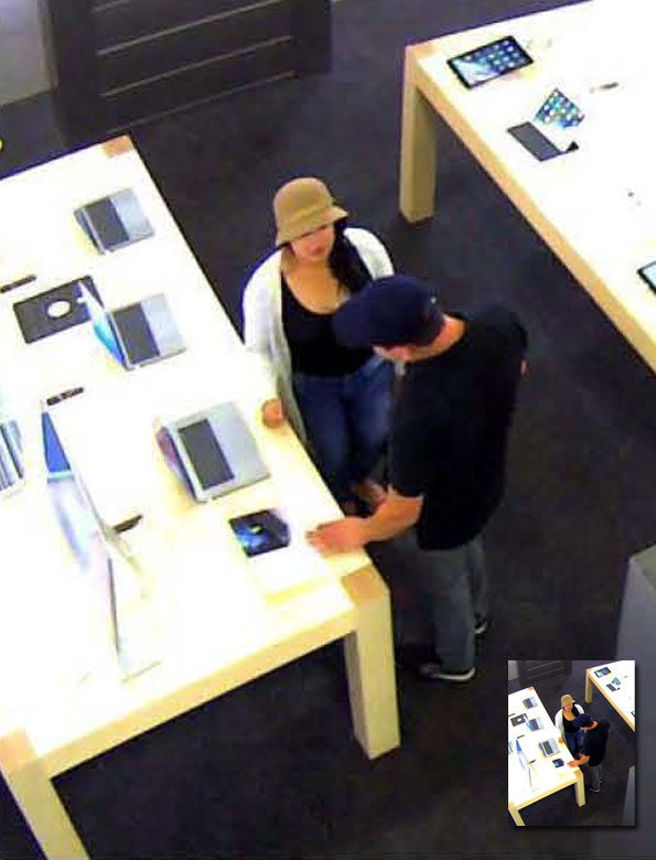 Male and female wallet theft suspects in unauthorized attempt of credit card purchase of MacBooks