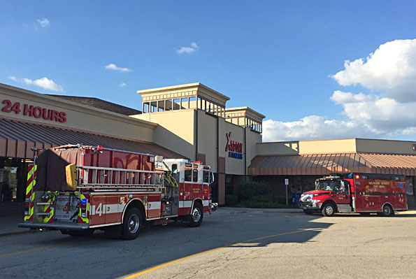 Engine 4 and Ambulance 4 at an Emergency Medical Service call at a fitness center in Arlington Heights District 4.