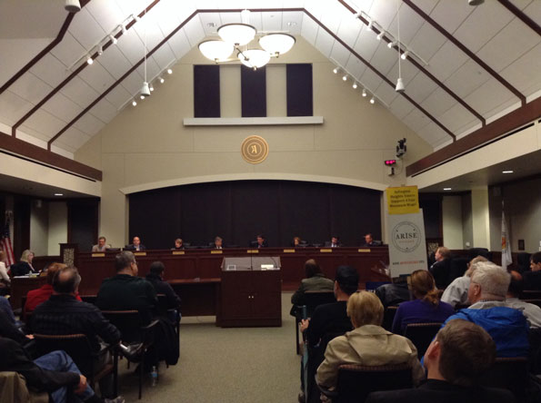 Arlington Heights Village Hall cathedral ceiling in Village Board meeting room