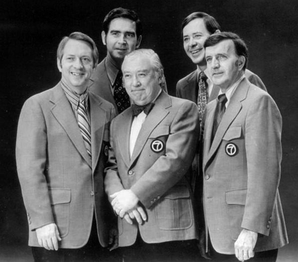 WLS-TV Eyewitness News team, 1972. Back, from left: anchor John Drury, anchor Joel Daly. Front, from left: weatherman John Coleman, anchor Fahey Flynn, sportscaster Bill Frink.