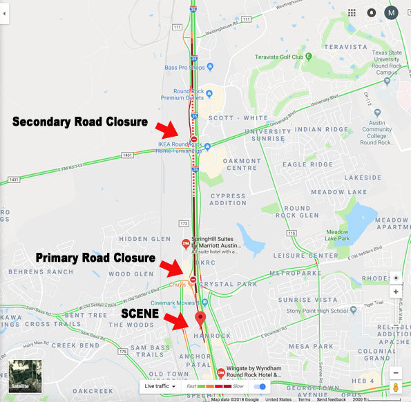 Round Rock I35 Serial Bomber Road Closures and Crime Scene Location