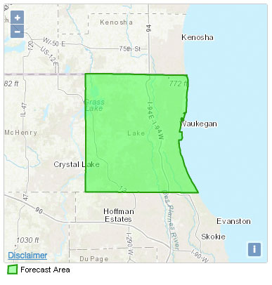 Click on Antioch, IL on NWS map with abnormal countywide response showing entire Lake County