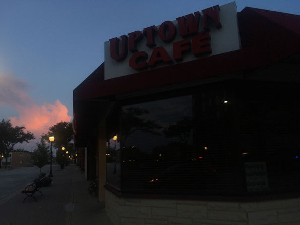 Uptown Cafe with dissipating thunderstorm tops over DeKalb County, entering Kane County Monday morning