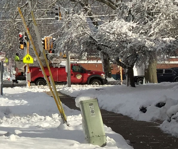 Arlington Heights Public Works crew clearing Olive Street Traffic Signal