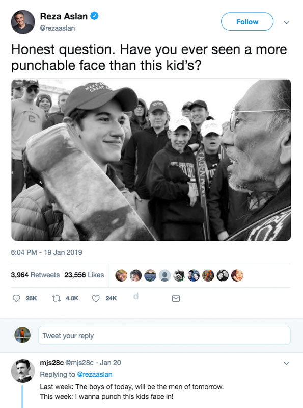 Reza Aslan Punchable Face of Nicholas Sandmann tweet Reza Aslan Punchable Face of Nicholas Sandmann tweet