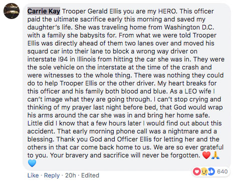 Carry Kay comment describing Illinois State Police Trooper's heroic action