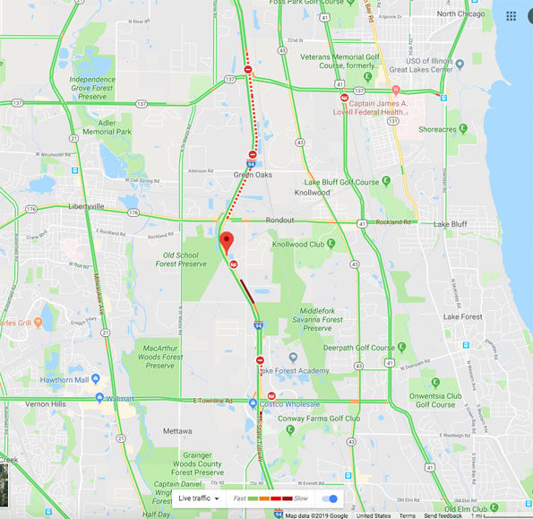 Map of crash on Westbound I-94 Between Route 60 and Route 176