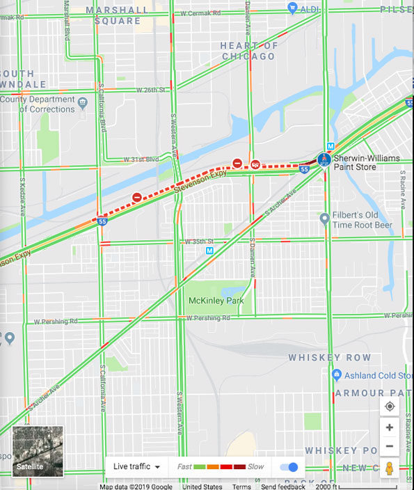 Traffic Map of fatal Uber crash at I-55a and Damen Avenue, Chicago