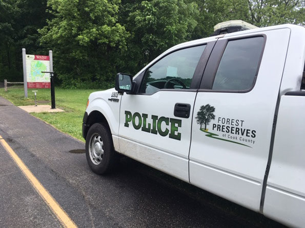 Cook County Forest Preserves Police pickup truck squad facing north toward the direction of an attack at Busse Woods