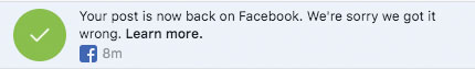 Facebook Sorry We Got it Wrong alert