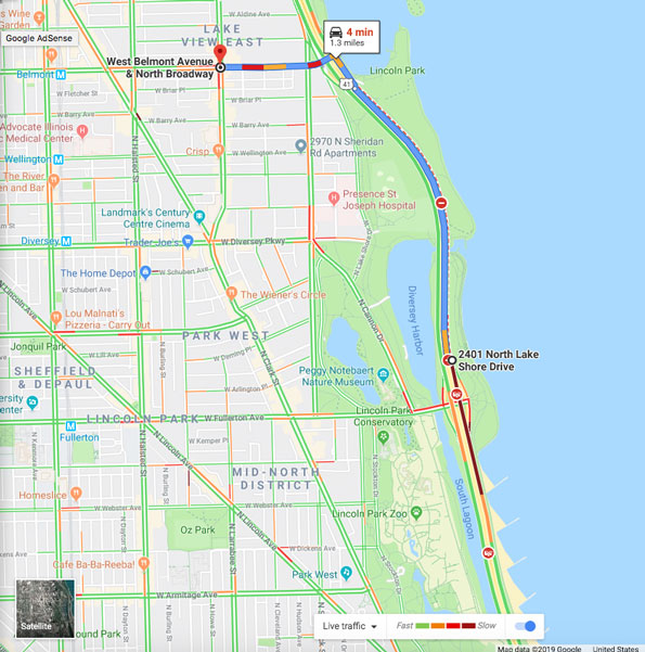 Travel Lake Shore Drive to Belmont Avenue and Broadway, Chicago -- two crime scenes