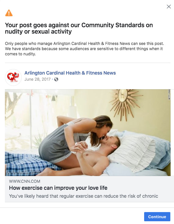 Facebook Suspension for article about exercise helping love life