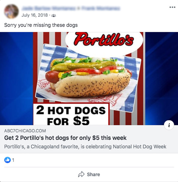 Portillo's Hot Dog picture causing Facebook suspension July 16 2018 Portillo's Hot Dog picture causing Facebook suspension July 16 2018