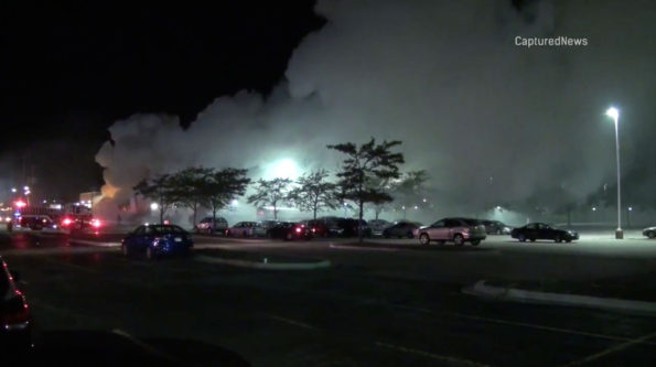 Smoke, steam and vapor plume from semi-trailer truck fire at Multi-Pak Solutions in Mount Prospect