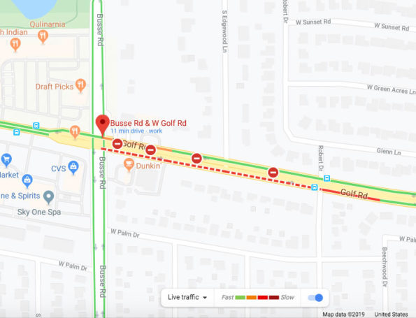 Map of road closure on Golf Road Mount Prospect during fatal crash investigation