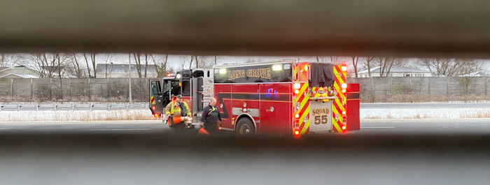 Long Grove firefighters at vehicle fire Route 53 Spur NB.