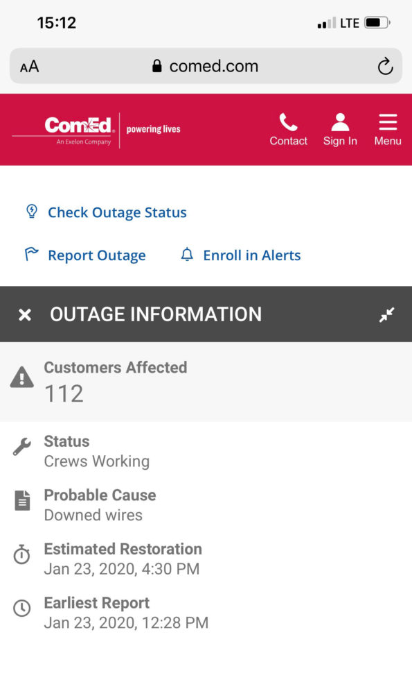 ComEd Outage Info for power outage in Arlington Heights on Thursday, January 23, 2020