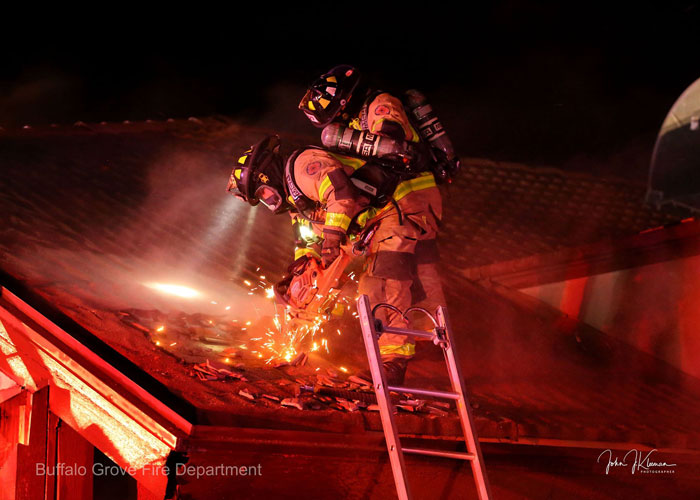 Power saw on the roof at Dengeos restaurant fire (SOURCE: BGFD/J Kleeman) Power saw on the roof at Dengeos restaurant fire (SOURCE: BGFD/J Kleeman)