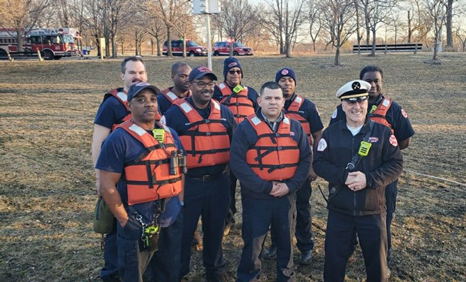 Chicago firefighters after ice rescue at the Museum of Science and Industry (SOURCE: Chicago Fire Department)