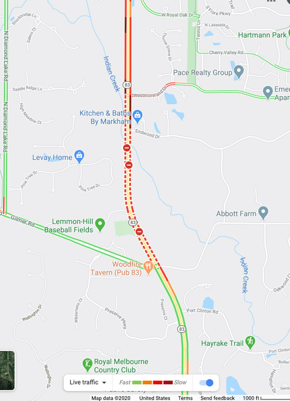 Map with Traffic Layer for crash at Route 83 and Westmoreland Drive, Thursday, February 27, 2020.