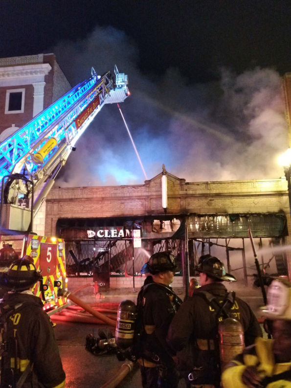 Tower Ladder 5 at Side A of Pronto Cleaners 2-11 Alarm Fire, 2235 South Michigan Avenue in Chicago (SOURCE: Chicago Fire Department)