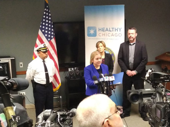 CFD District Chief Juan Hernandez with Commissioner Dr. Allison Arwady at Chicago Department of Public Health press conference on coronavirus (SOURCE: Chicago Fire Department)