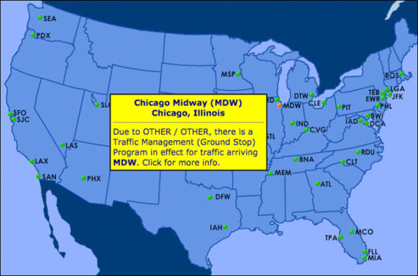 FAA map for Midway Ground Stop caused by Coronavirus COVID-19 illness at control tower