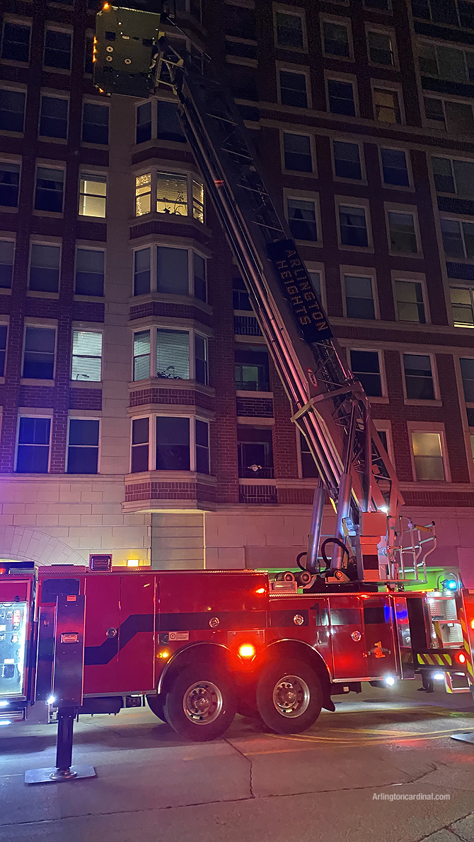 Arlington Heights Fire Department Tower 1 main aerial up at Arlington Town Square