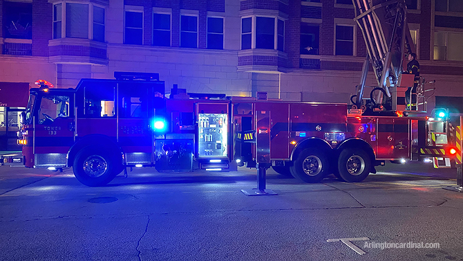 Arlington Heights Fire Department Tower 1 at the front of Arlington Town Square