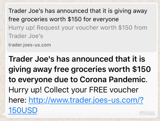 Trader Joe's Impersonator fraud for free groceries voucher on WhatsApp