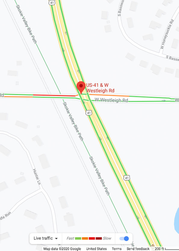 Vehicle vs bicycle crash map on Westleigh Road west of US 41, LakeForest