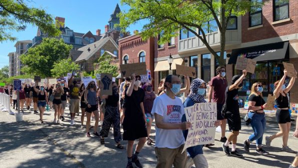 Protest march on Campbell Street in Arlington Heights