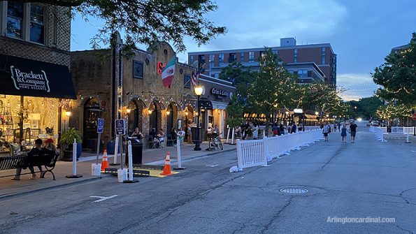 Dining areas left and right and a wide pedestrian walkway 18 feet for safety at Arlington Alfresco