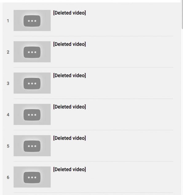 A playlist from a comedian's channel on YouTube showing six of hundreds of Stefan Molyneux videos that were automatically deleted