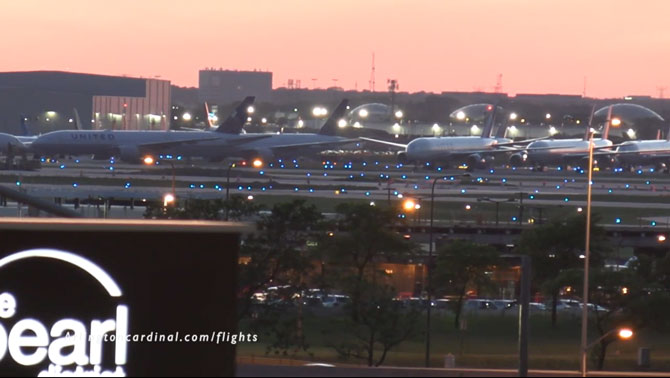 Aircraft parked at O'Hare International Airport on Sunday May 31, 2020 just after sunset