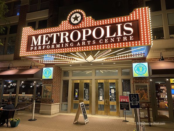 Metropolis Performing Arts Centre close up with new lighted sign marquee
