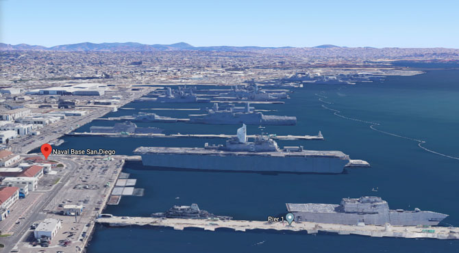 USS Bonhomme Richard was possibly moored at Pier 2 off of Senn Street when the fire occurred (Google Satellite View © 2020) USS Bonhomme Richard was possibly moored at Pier 2 off of Senn Street when the fire occurred (Google Satellite View © 2020)