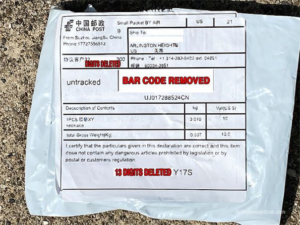 Unsolicited seeds from China delivered to Arlington Heights in mail -- shipping label on white plastic envelope