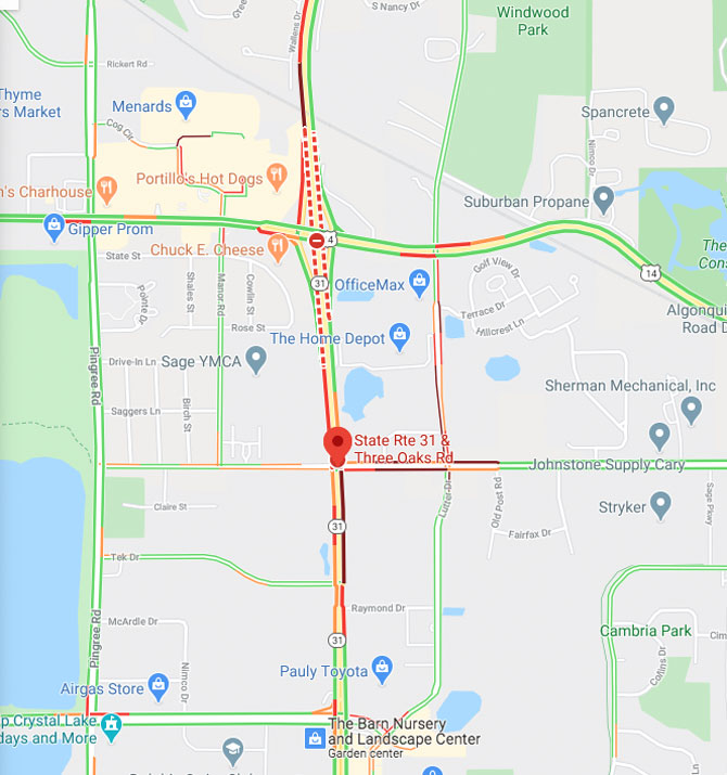 Crystal Lake crash map at Route 31 and Three Oaks Road Tuesday August 18, 2020