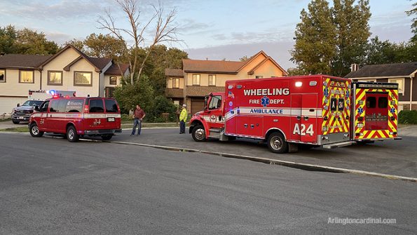 Wheeling ambulance and Rolling Meadows ambulance and Wheeling Battalion Chief at fire on Chippewa Trail in Wheeling