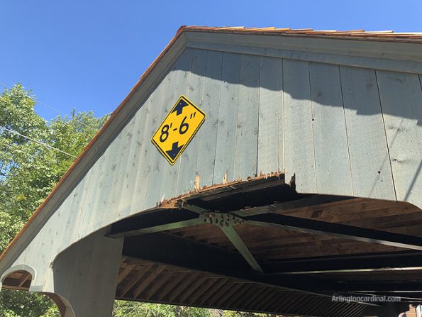 Damage on the southwest side of the Long Grove covered bridge on Robert Parker Coffin Road