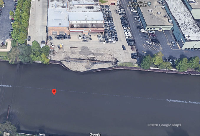 North Branch Chicago River 1300 Block Aerial View (©2020 Google Maps)